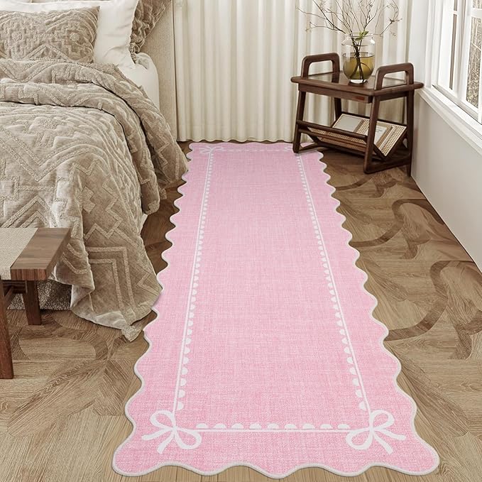 GarveeHome Scalloped Hallway Runner Rug 2x6 Non Slip Bedroom Rugs, Pink | Washable Bow Rug for Girls Dorm Nursery Living Room Entyrway Kitchen, Soft Low Pile Ultra-Thin Stain Resistant Indoor Carpet