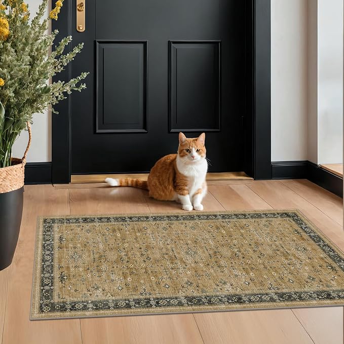 Vintage Boho 2x4 Area Rug for Entryway - Washable Rustic Brown and Charcoal Olive Kitchen Rug for the Floor, Low Pile Non-Slip Rugs for Bathroom, Earthy Geometric Decor & Stain Resistant