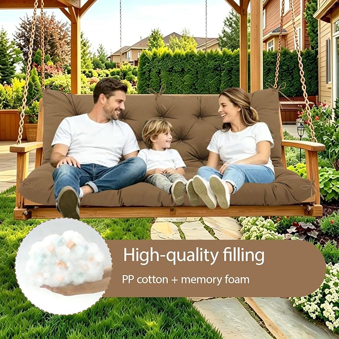 Waterproof Porch Swing Cushion Thicken 5" Brown 2-3 Seat 70 ×40 in Replacement Swing Cushions with Backrest and Ties for Patio Backyard Porch Garden