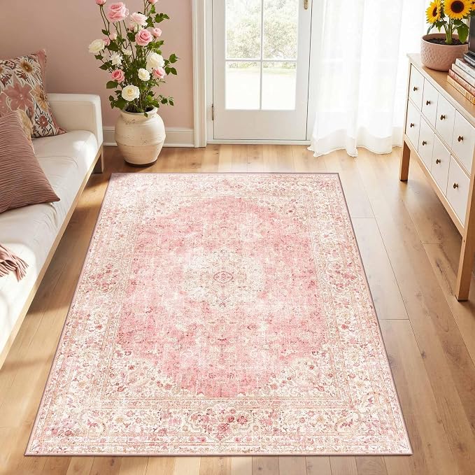 Latte&Fog 3x5 Entryway Pink Area Rugs, Vintage Floral Washable Rugs | for Girls Bedroom Dining Kitchen Kids Playroom Nursery Classroom Dorm Farmhouse Office, Non Slip Low Pile Soft Floral Carpet