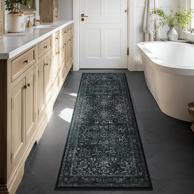 Dark Black 2x6 Runner Rugs for Hallway Entryway, Kitchen Runners Washable Non Slip Low Pile, Vintage Distressed Medallion Printed Rugs for Mudroom/Bedroom Bedside/Laundry Room/Bathroom