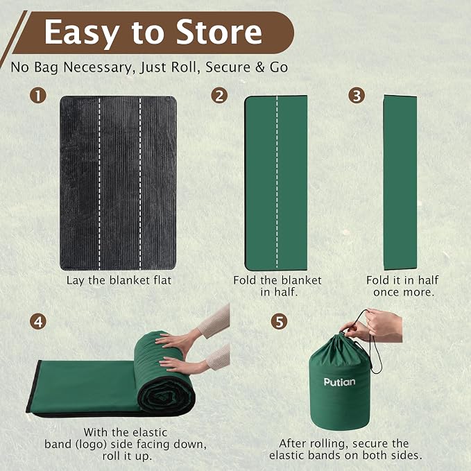 PuTian Waterproof Outdoor Blanket 79"X57" Packable, Stadium & Car Camping Blanket with Corduroy Fleece Lining, Windproof Throw for Picnic Hiking Road Trip, Machine Washable, Green 350GSM