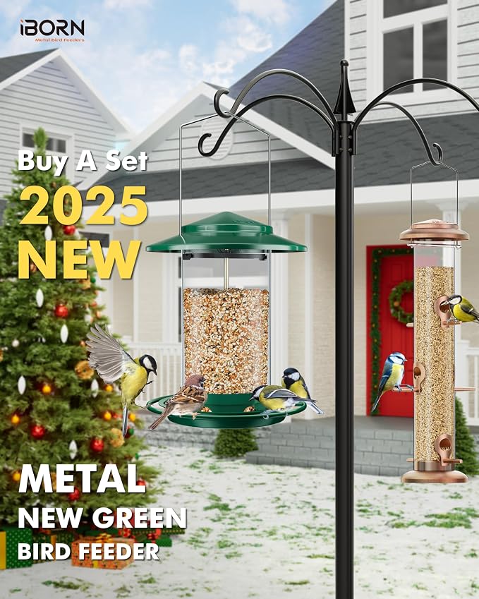 iBorn Metal Bird Feeders for Outdoors Hanging,Wild Bird Feeders for Cardinal,18cm Large Roof &Tray New Green 6 Port (Seed is not Included)