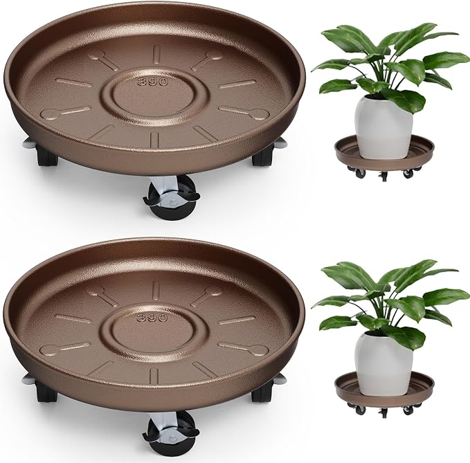 Plant Saucer 14" Rolling Plant Caddy Rolling Plant Stand with Wheels – Heavy Duty Metal, Locking, Sturdy, Rust-Resistant Finish, and Easy to Move, 390 lb Capacity, 2 Pack