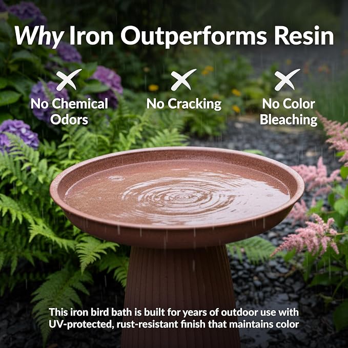 Sunnydaze Gleeful Garden 23" Iron Pedestal Bird Bath for Outside - Modern Shallow Basin Birdbath for Outdoors with UV-Protected Rust-Resistant Finish for Patio, Garden, Yard Decor - Matte Canyon Clay