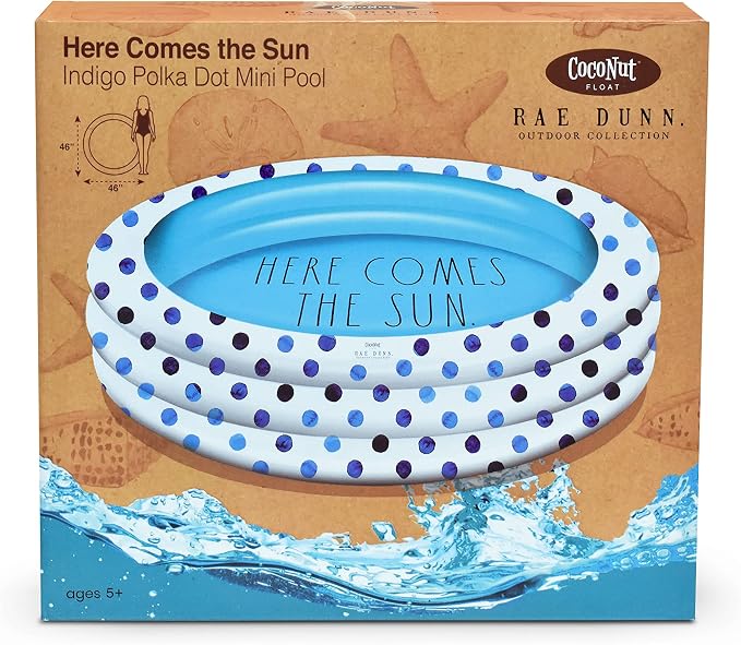 Rae Dunn x CocoNut Float Indigo Polka Dot Mini Pool, Round Splash | Inflatable swimming pool for kids, splash design, easy setup, great backyard fun, durable, perfect for summer parties