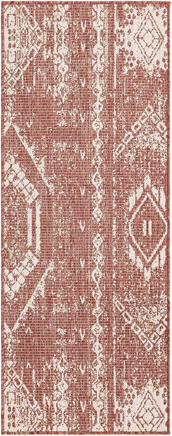 Unique Loom Outdoor Bohemian Collection Area Rug - Anthro (2' x 5' 1" Runner, Rust Red/ Ivory)