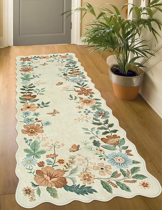 Lahome Floral Kitchen Runner Rug, 2X6 Rug Runners for Hallways Non Slip | Ultra-Thin Soft Non Slip Washable Runner Low-Pile Stain Resistant Boho Carpet for Bedroom Flore (2x6ft, Beige)