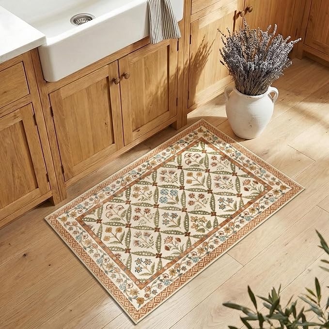 jinchan 2x3 Vintage Floral Washable Accent Entryway Area Rug, Terracotta | Soft & Lightweight, Floral Checkered, Low Pile, Non Slip, Entrance, Kitchen, Bedroom, Laundry Room, Samll, Doormat