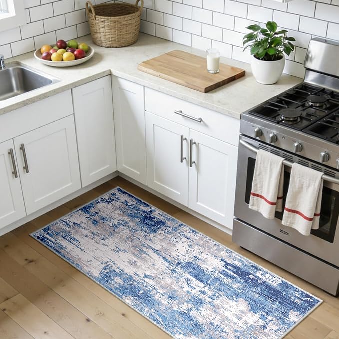 RELEANY Washable 2'x5' Abstract Area Rug for Living Room Blue Gray | Carpet for Bedroom, Kitchen, Office, Hallway and Entryway, Printed Pattern, Non‑Slip, Soft, Stain‑Resistant, Easy to Clean