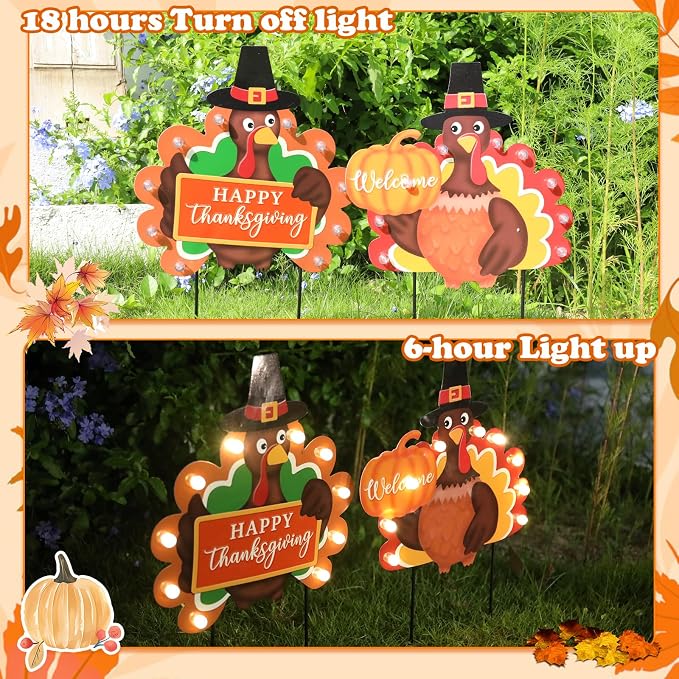 Fall Yard Decor Outdoor Autumn Harvest Garden Stakes with LED Light Autumn Two Turkeys Yard Sign with Stakes Fall Thanksgiving Decoration for Home Outside Lawn Garden Holiday Decor