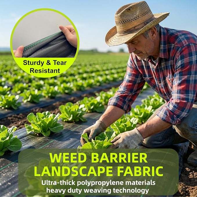 Rohuis Weed Barrier Landscape Fabric 4ft x 100ft, 3.2OZ Heavy Duty Woven Ground Cover for Garden Beds, Gravel Paths, Driveways and Rock Landscaping, Permeable Weed Control Mat with 20 U-Shaped Pegs