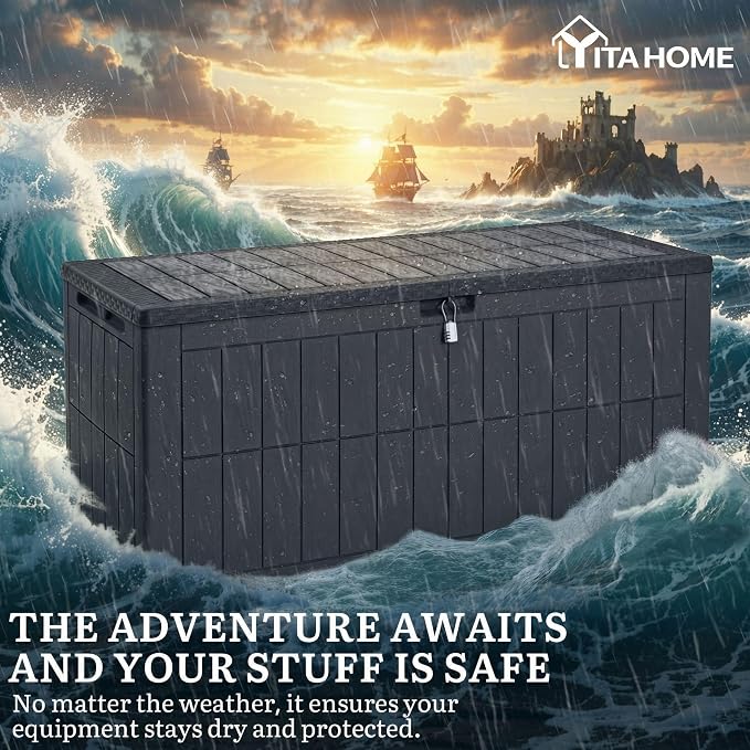 YITAHOME 134 Gallon Large Outdoor Storage Box with Lock | Waterproof Deck Box with Hydraulic Piston for Garden Tools, Pool Accessories & Cushions, Resin Deck Organizer with Bench