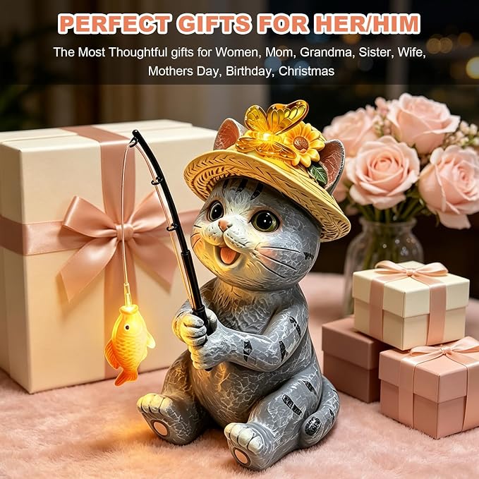 Solar Garden Outdoor Cat Statues with Butterfly, Fishing Cat Figurine Solar Lights Waterproof, Housewarming Birthday Gifts for Cat Lovers Mom Women, Lawn Home Decor for Patio Balcony Yard Ornaments