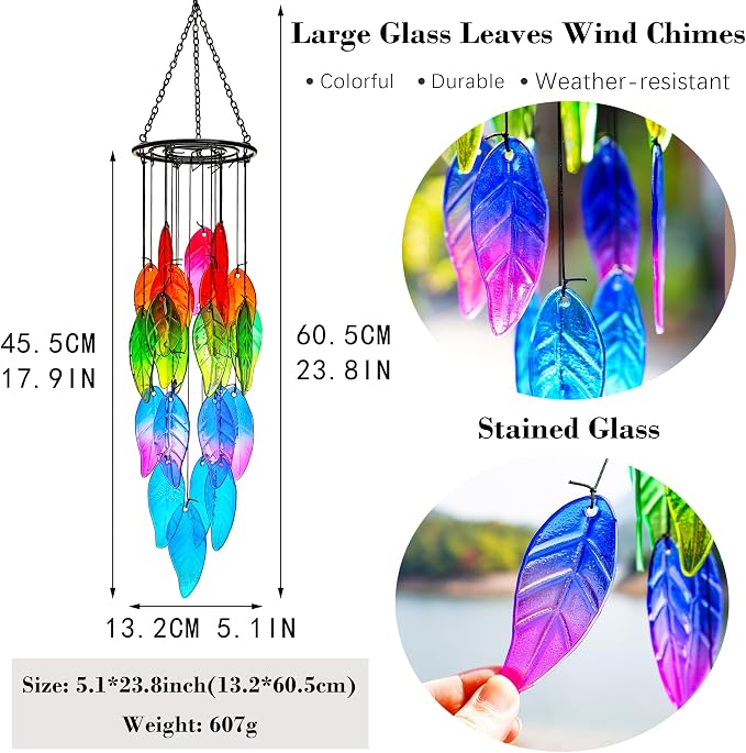 18'' Stained Glass Leaves Wind Chimes for Outside Unique Rainbow Leaves Forest Windchimes Outdoor Decoration Garden Ornament for Christmas Tree