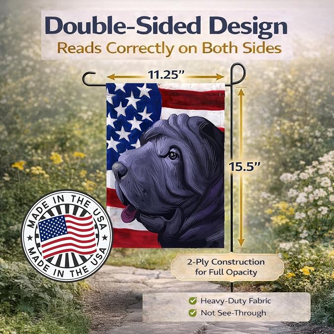 Caroline's Treasures CK6620GF Miniature Shar Pei Dog American Flag Garden Flag Mailbox Flag Decorative Yard Flag Banner Outside Patio Artwork Yard Flower Beds, Garden Size, Multicolor