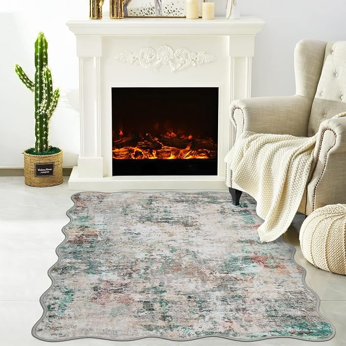 ROYHOME Modern Abstract 2x3 Scalloped Area Rug, Colorful | Non Slip Non Shedding Low Pile Stain Resistant Rug for Entryway Kitchen Bedroom