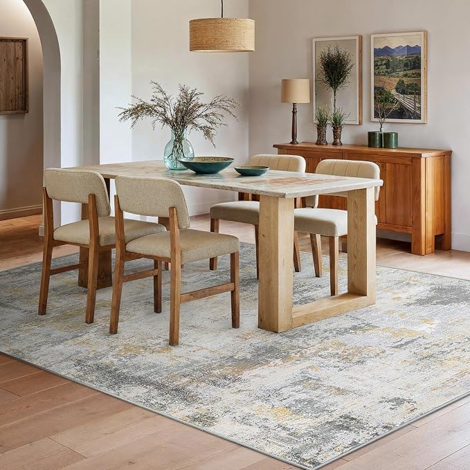 6x9 Area Rugs for Living Room, Modern Abstract Washable Rug with Non-Slip Backing & Low Pile Indoor Carpet for Nursery Room, Bedroom and Dinning Room, Beige