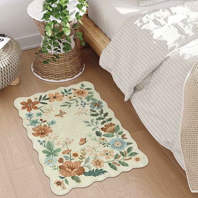 Lahome Floral Small Rug, 2X3 Kitchen Rugs Non Slip Washable Rug Ultra-Thin | Soft Front Door Mat Indoor Entrance Boho Low-Pile Entry Carpet for Bathroom Bedroom Flore (2x3ft, Beige)