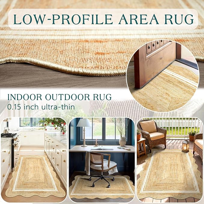 3x5 Entryway Rug - Small Washable Front Door Mat Outside Entrance | Non-Slip Indoor Outdoor Mats for Front Door Jute-Look Neutral Porch Rug Scalloped Rugs for Entryway Kitchen Mudroom Decor