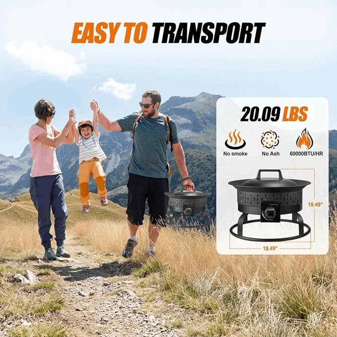 GasBRUH 19″ Outdoor Portable Propane Fire Pit with Grill Grate, Cover&Carry Kit,60,000 BTU Camping Propane Firepit,Smokeless Gas Firebowl, Portable Gas Fire Pit for Outside Patio,Camping,RV