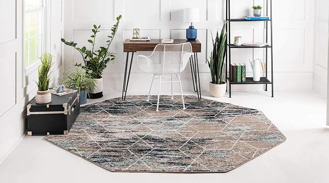 Unique Loom Trellis Frieze Collection Area Rug - Geometric (5' Octagon, Blue Multi/ Ivory)