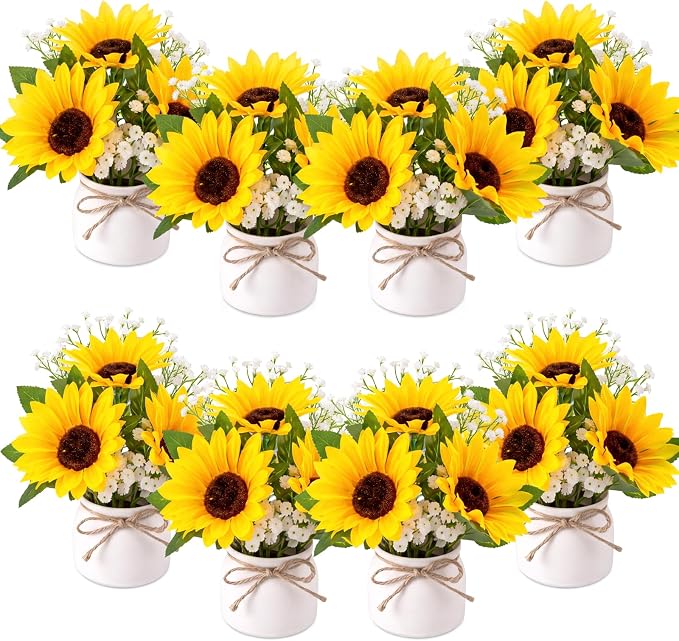 Zeyune 8 Pcs Sunflower Potted Plants Rustic Summer Spring Kitchen Wedding Table Centerpieces Silk Yellow Fake Flower with Plastic Pot for Home Bathroom Office (White, Sunflower and Baby's Breath)
