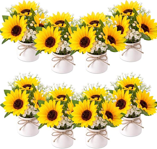 Zeyune 8 Pcs Sunflower Potted Plants Rustic Summer Spring Kitchen Wedding Table Centerpieces Silk Yellow Fake Flower with Plastic Pot for Home Bathroom Office (White, Sunflower and Baby's Breath)