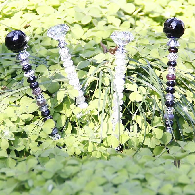 119 Pcs Garden Stake DIY Fairy Wand Plant Stake with Black White Large Hole Beads Crystal Diamond Stopper Top 4 Stainless Steel Threaded Rod Beaded Garden Stakes for Outdoor Indoor Yard Decorations