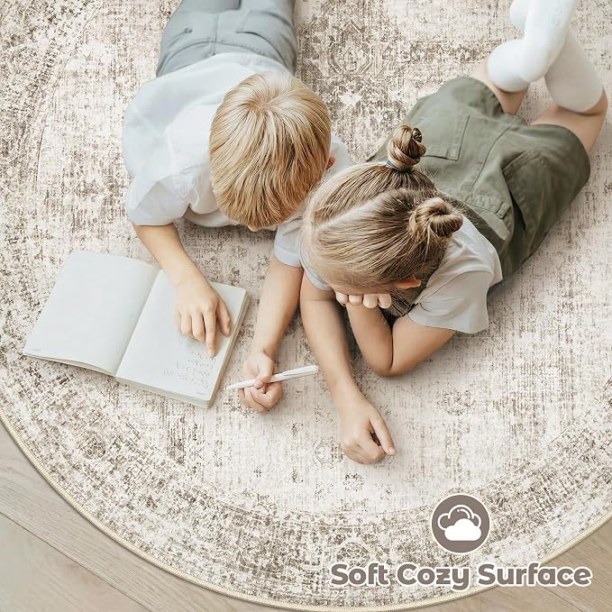 Round Rugs 6ft Washable Rug, Vintage Boho Medallion Rugs Non-Slip Soft Low Pile Circle Distressed Rug Indoor Retro Carpet for Living Room Bedroom Dining Room Home Office (Taupe, 6' Round)