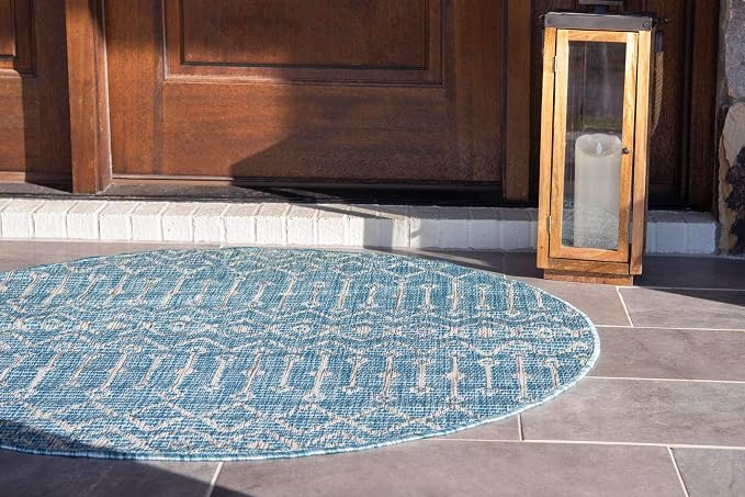 Unique Loom Outdoor Trellis Collection Area Rug - Tribal Trellis (4' 1" Round, Aqua/ Ivory)