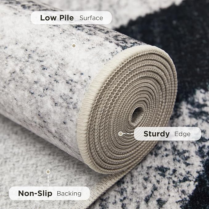 Joydeco 2x6 Geometric Washable Hallway Runner Rug, Black Grey White | Modern Non-Slip Low Pile Soft Stain Resistant Dark Gray Pet Child Friendly Carpet for Bedroom Entryway Kitchen Laundry Room