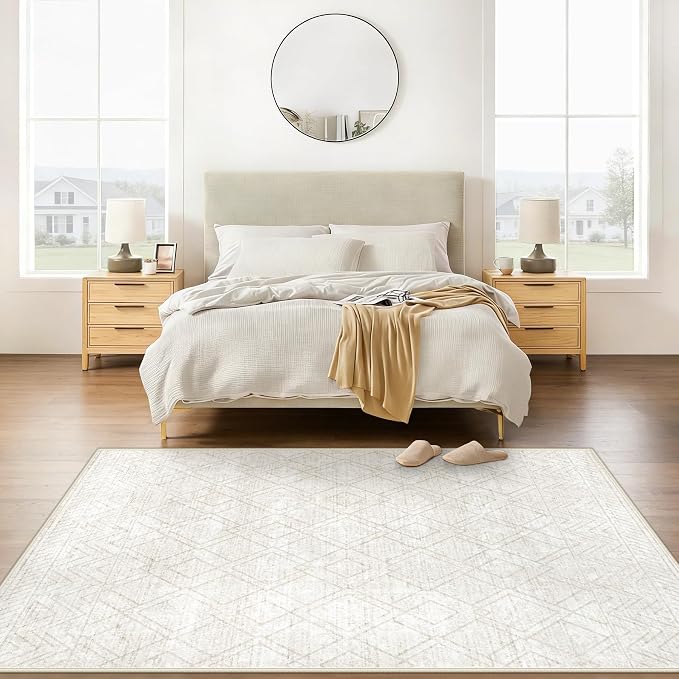 Area Rugs 6x9 Living Room Rug: Washable Geometric Moroccan Neutral Rugs Boho Modern Non Slip Area Rug Soft Indoor Floor Low Pile Carpet for Bedroom Nursery Dining Room Home Office (Beige, 6'x9')