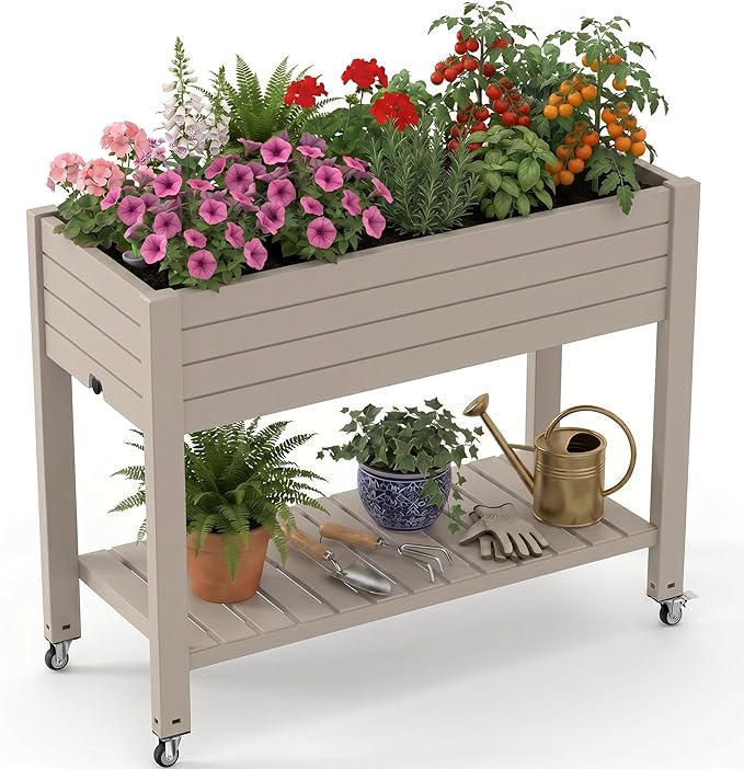 EFU Raised Garden Beds Outdoor, with Wheels for Mobility, Extra Storage Shelf, Water Level Monitoring, 21 Gallon Planter Raised Beds for Vegetables, Herbs, Fruits, Backyard, Patio, Balcony (Grey)