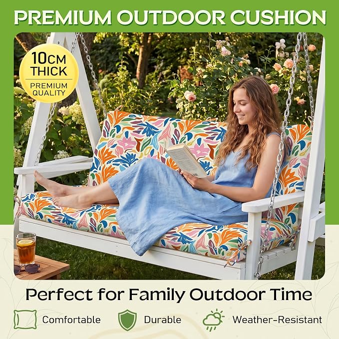 Outdoor Swing Cushion with Backrest, Tie Straps & Memory Foam - Replacement for Porch Bench 2/3 Seater, Oxford Fabric (Multicolor, 60 INCH × 40 INCH)