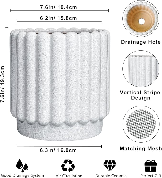 Ceramicfor Ceramic Planter, 7.6 Inch, White | Indoor Plants, Outdoor Use, Drainage Hole, Fluted Modern Design, Round Flower Pot