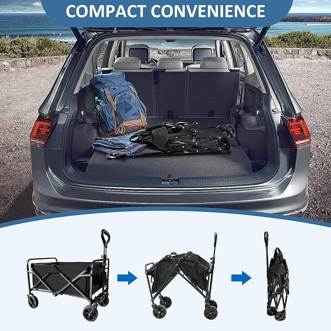 Collapsible Utility Cart Folding Wagon, 320lbs Capacity Lightweight Rolling Cart with Quiet Wheels, Quick-Fold Design for Camping, Shopping, Ourdoor Use, Black