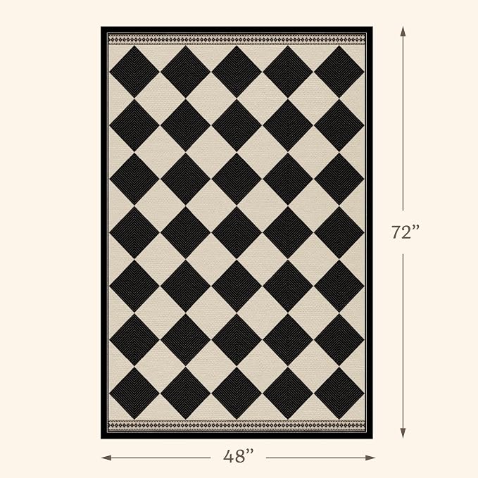 Black and White Diamond 4x6 Easy Jute Area Rug for Porch Patio, Washable Checkered Outdoor Indoor Doormat, Non-Slip Low-Pile Geometric Front Porch Rug, Farmhouse Boho Entryway Carpet for Kitchen