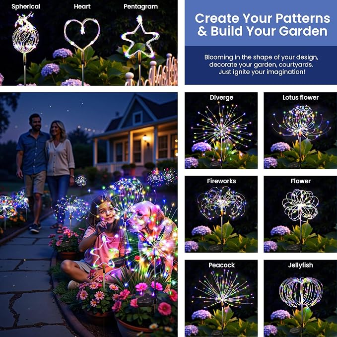 Solar Lights Outdoor, 120LED 2pack Fairy Garden Lights Decor for Outside Fireworks Lights Solar Powered for Yard, Patio, Pathway, Walkway, Balcony,Multicolor