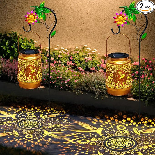 2 Packs Solar Lanterns Outdoor Waterproof with Shepherd Hook,Hummingbird Hanging Solar Lights Garden Decor,Christmas Decorations Birthday Gifts for Women Mom,Metal Bird Decorative for Yard,Patio,Lawn