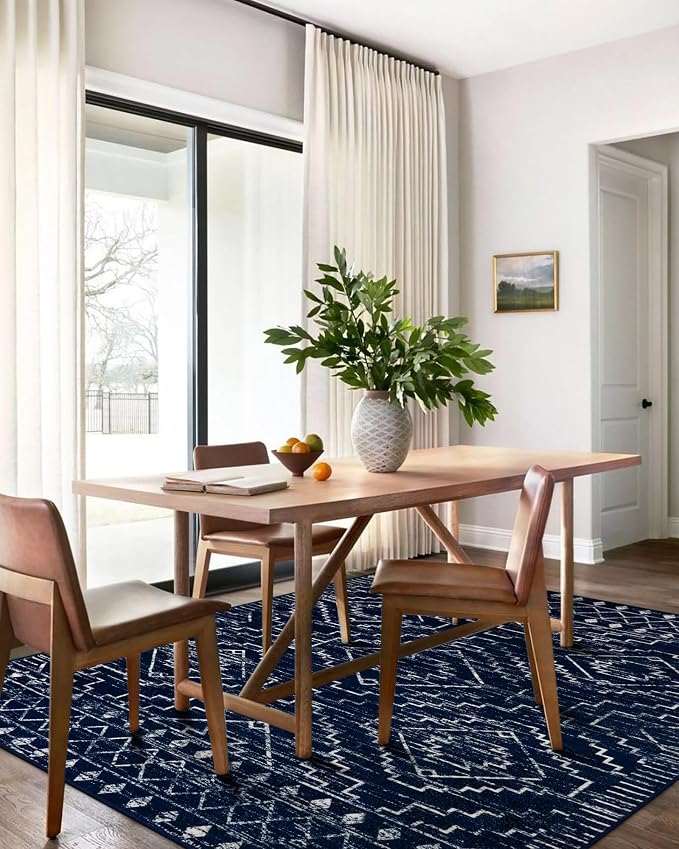 Wonnitar Moroccan Washable 6x9 Rug, Blue Large Living Room Area Rug, Non-Slip Boho Soft Rug for Bedroom, Non-Shedding Ultra-Thin Geometric Carpet for Dining Room Kitchen Basement (Blue,6'x9')