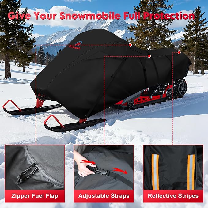 Comnova Snowmobile Cover 130 Inch - Premium 600D Outdoor Snowsled Cover, Heavy Duty & Waterproof All Weather Protection Covers, Black, Fit Up to 130" L Snowmobile