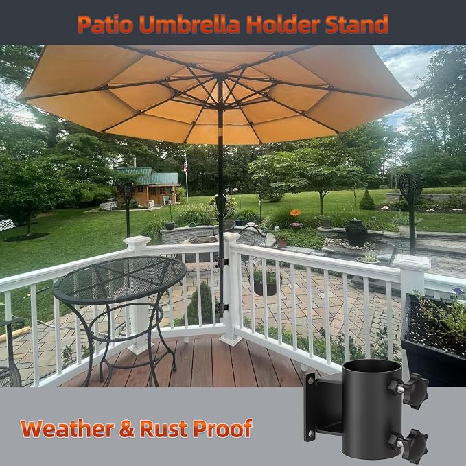 Deck Umbrella Mount Stainless Steel Patio Umbrella Holder, Umbrella Clamp Mount for Deck Railing Heavy Duty Outdoor Umbrella Clamp, Black
