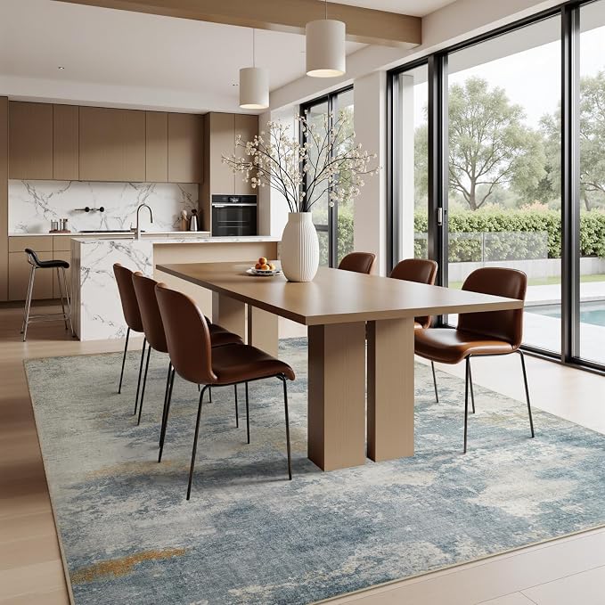 Joydeco 6x9 Area Rugs for Living Room, Non-Slip Modern Abstract Soft Washable Rug, Low Pile Carpet for Bedroom, Dining Room, Home Office, Pet & Child Friendly, White & Blue & Gold