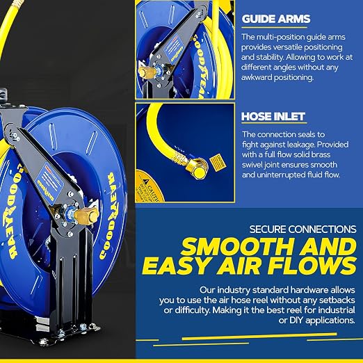 Goodyear Air Hose Reel Retractable 1/2" Inch x 50' Foot Long Premium Commercial Driven Sbr Hose Max 300 Psi Reinforced Steel Construction Heavy Duty Retractable Spring Industrial Dual Arm and Pedestal