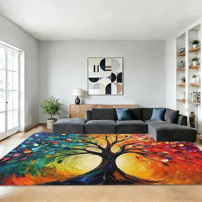Tree of Life Washable Area Rugs 5x7,Colorful Abstract Leaves Area Rug for Living Room Bedroom,Indoor Non-Slip Large Throw Carpet for Kitchen Entryway Bathroom Office