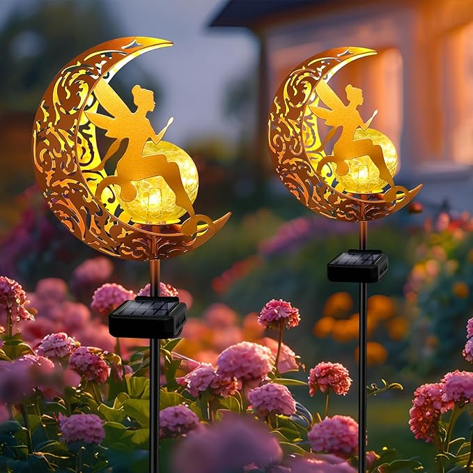 2 Pack Solar Garden Lights Waterproof, Pathway Stake Lights, Gift for Women Mom Grandma Wife Daughter, Moon Fairy Glass Globe with Angel Decor, Outdoor Decor Lights for Walkway Yard Lawn Patio Garden