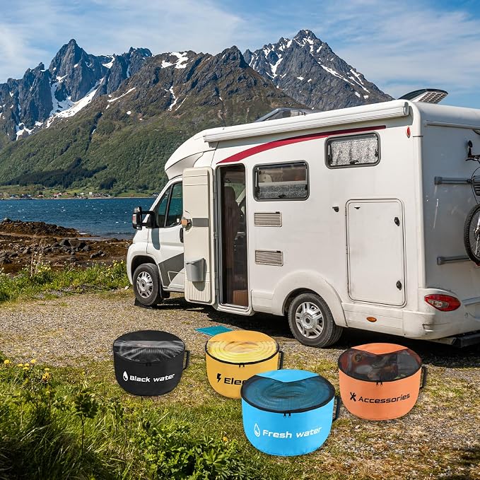4 Pack RV Sewer Hose Storage, Visible Cover And Two-Way Zipper RV Hose Storage Bags, Waterproof RV Accessories Bags Utility Bag Organizer for Garden Fresh Water Hoses Electrical Cords Camper Tools
