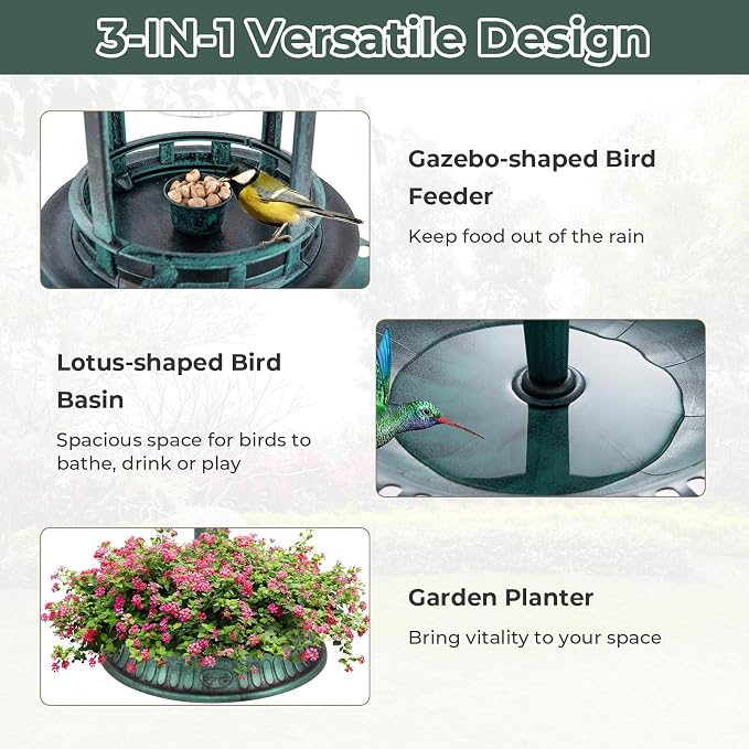 LDAILY Outdoor Bird Bath, 42’’ Solar Lighted Pedestal Birdbaths with Birds Feeder ,20’’ Water Bowl, Flower Planters and 3 Stakes, Attract Birds Antique Bird Bath for Outside Garden, Yard (Green, 42‘’)