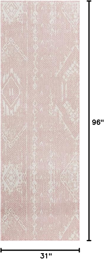 Unique Loom Outdoor Bohemian Collection Area Rug - Anthro (2' 7" x 8' Runner, Pink/ Ivory)